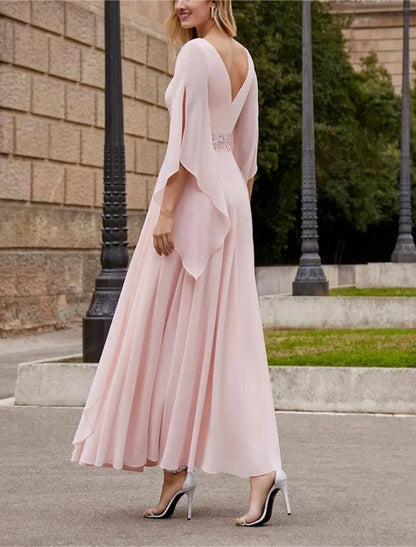 Aimishang A-Line Mother of the Bride Dress Formal Wedding Guest Elegant Bateau Neck Ankle Length Chiffon 3/4 Length Sleeve with Beading
