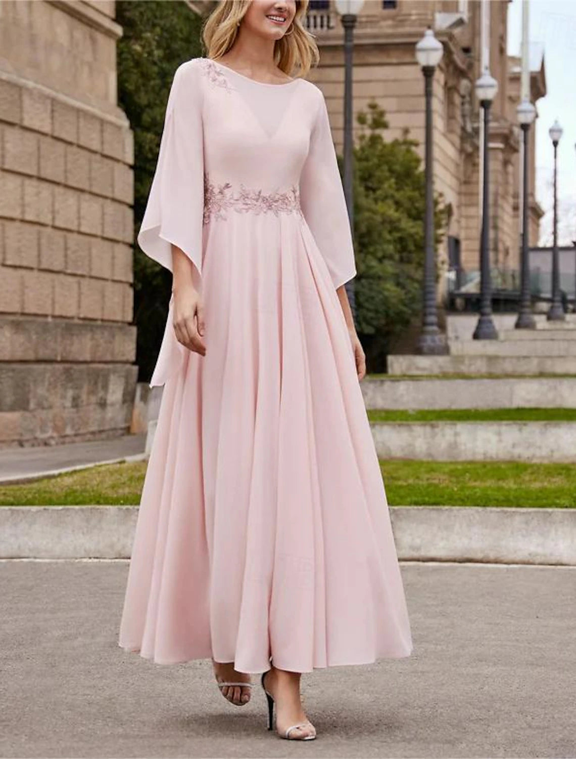 Aimishang A-Line Mother of the Bride Dress Formal Wedding Guest Elegant Bateau Neck Ankle Length Chiffon 3/4 Length Sleeve with Beading