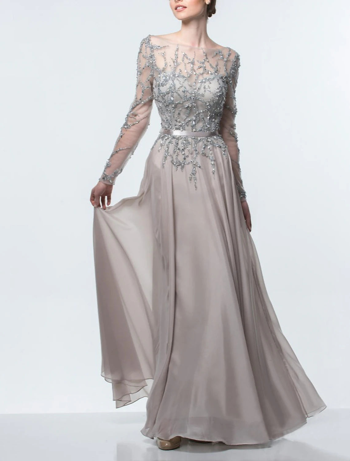 Aimishang A-Line Mother of the Bride Dress Formal Wedding Guest Elegant Jewel Neck Floor Length Chiffon Sequined Long Sleeve Evening Dress