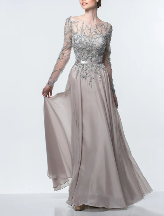 Aimishang A-Line Mother of the Bride Dress Formal Wedding Guest Elegant Jewel Neck Floor Length Chiffon Sequined Long Sleeve Evening Dress