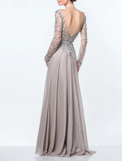 Aimishang A-Line Mother of the Bride Dress Formal Wedding Guest Elegant Jewel Neck Floor Length Chiffon Sequined Long Sleeve Evening Dress