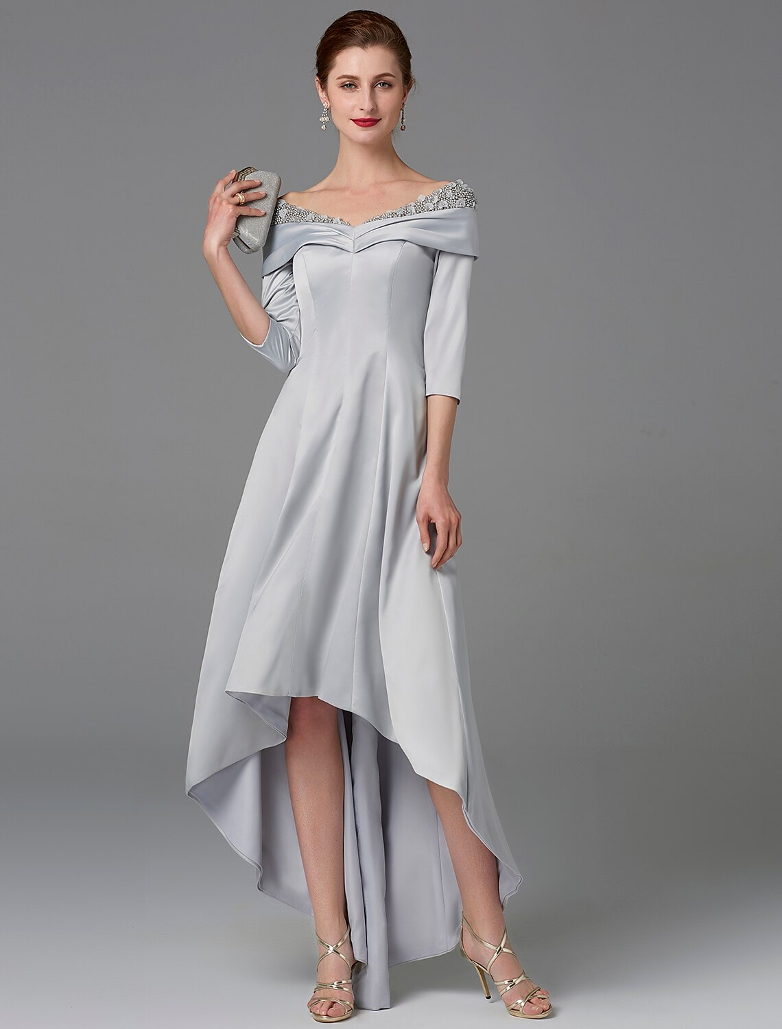 Aimishang A-Line Mother of the Bride Dress High Low Off Shoulder Asymmetrical Satin Half-Sleeve Elegant Evening Party Dress