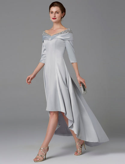 Aimishang A-Line Mother of the Bride Dress High Low Off Shoulder Asymmetrical Satin Half-Sleeve Elegant Evening Party Dress