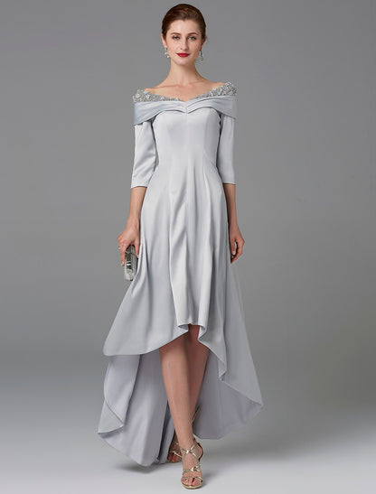 Aimishang A-Line Mother of the Bride Dress High Low Off Shoulder Asymmetrical Satin Half-Sleeve Elegant Evening Party Dress