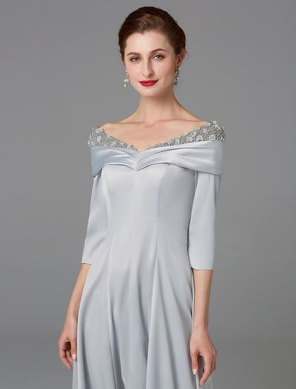 Aimishang A-Line Mother of the Bride Dress High Low Off Shoulder Asymmetrical Satin Half-Sleeve Elegant Evening Party Dress
