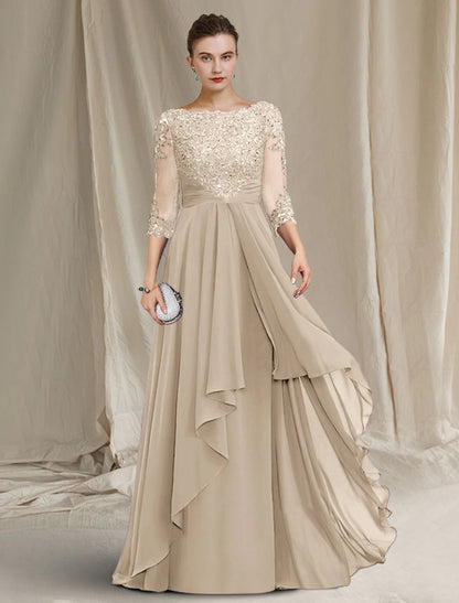 Aimishang A-Line Mother of the Bride Dress Luxurious Elegant Jewel Neck Floor Length Chiffon Lace Sequined 3/4 Length Sleeve with Pleats Appliques