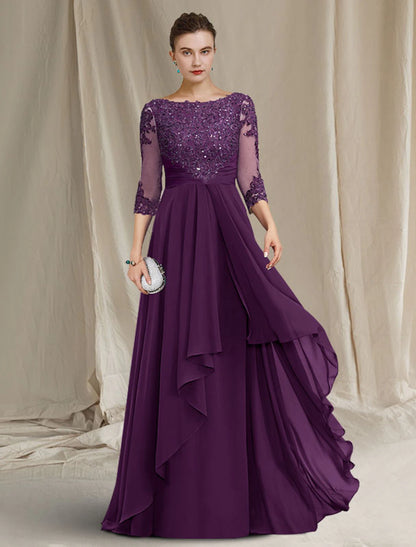 Aimishang A-Line Mother of the Bride Dress Luxurious Elegant Jewel Neck Floor Length Chiffon Lace Sequined 3/4 Length Sleeve with Pleats Appliques