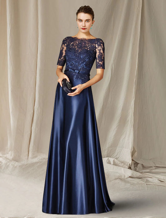 Aimishang A-Line Mother of the Bride Dress Plus Size Elegant Jewel Neck Floor Length Lace Charmeuse Short Sleeve with Bow(s) Appliques