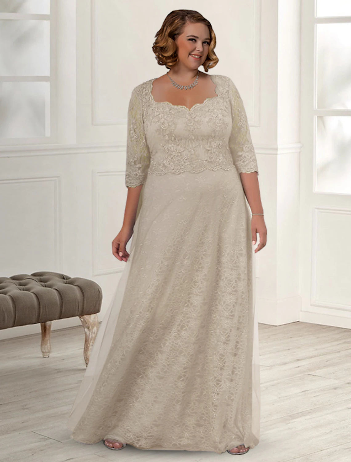 Aimishang A-Line Mother of the Bride Dress Plus Size Elegant Jewel Neck Floor Length Lace Half Sleeve with Appliques