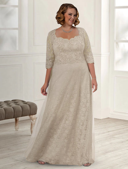 Aimishang A-Line Mother of the Bride Dress Plus Size Elegant Jewel Neck Floor Length Lace Half Sleeve with Appliques