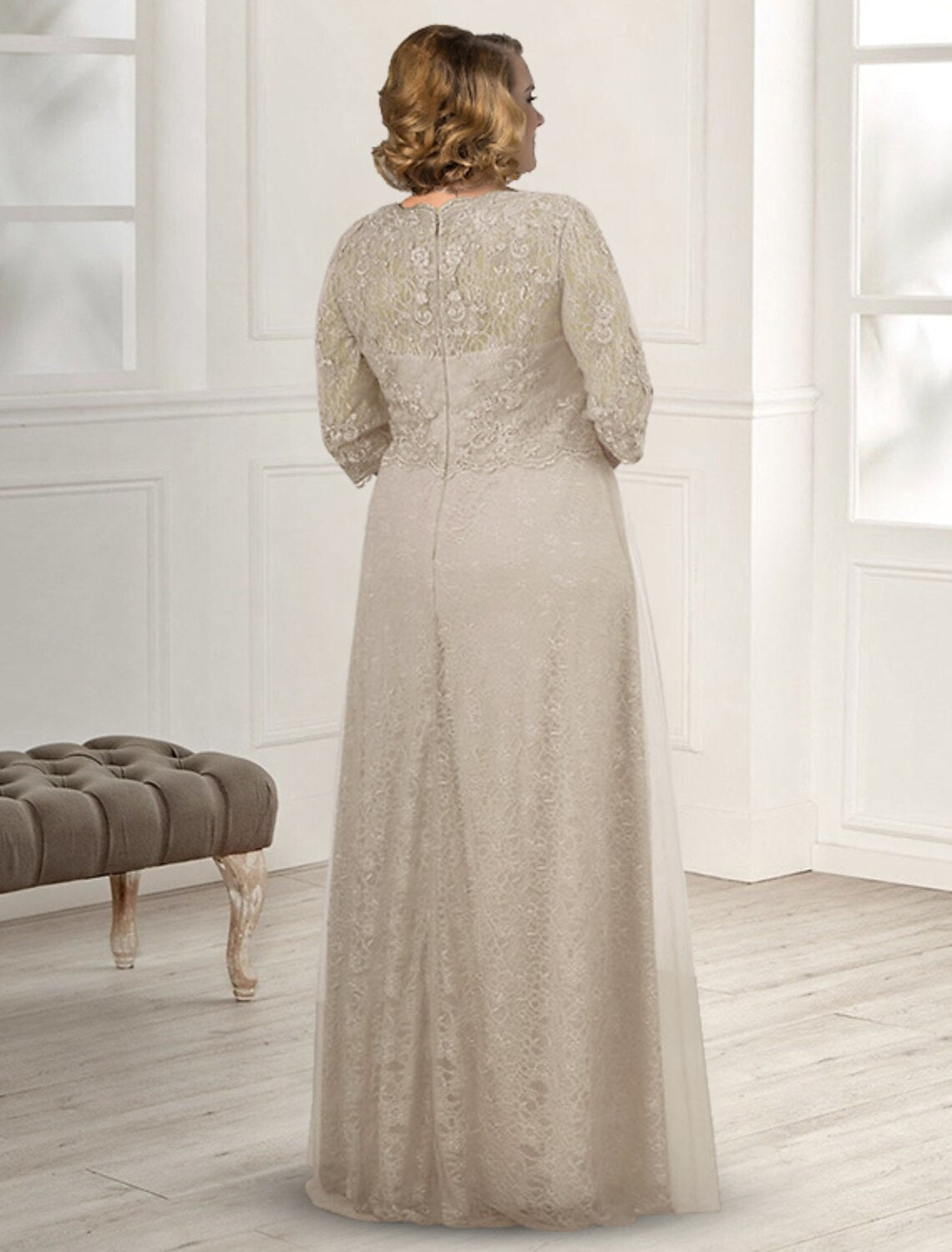 Aimishang A-Line Mother of the Bride Dress Plus Size Elegant Jewel Neck Floor Length Lace Half Sleeve with Appliques