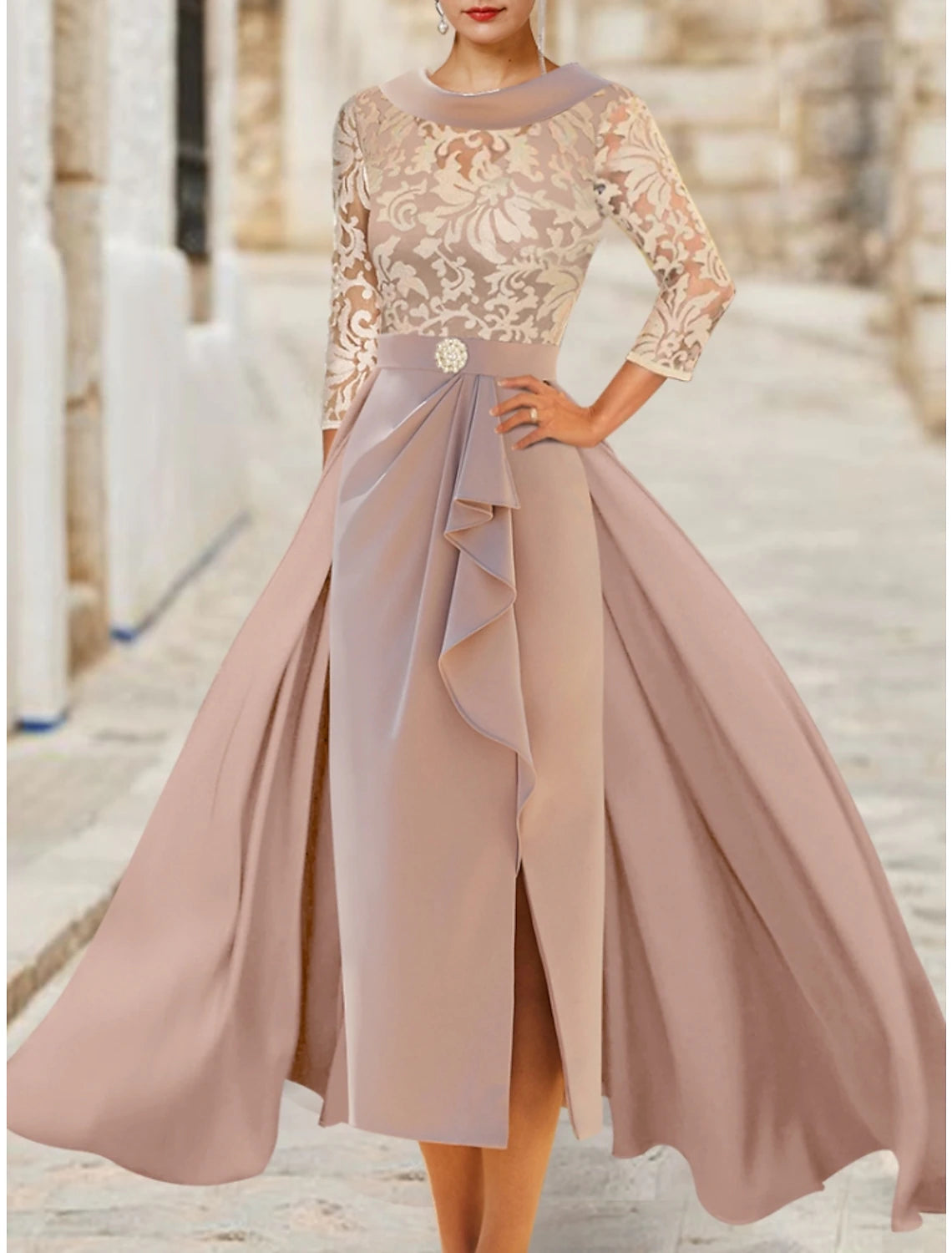 Aimishang A-Line Mother of the Bride Dress Elegant Scoop Neck 3/4 Length Sleeve Wedding Guest Dress with Ruffles Split Front Ruching