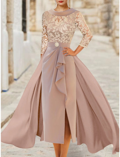 Aimishang A-Line Mother of the Bride Dress Elegant Scoop Neck 3/4 Length Sleeve Wedding Guest Dress with Ruffles Split Front Ruching