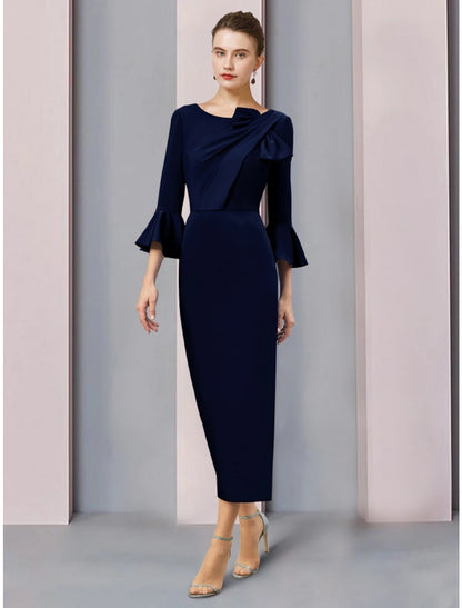 Aimishang A-Line Mother of the Bride Dress Wedding Guest Elegant Scoop Neck Ankle Length Fabric 3/4 Length Sleeve with Bow(s) Ruching Solid Color