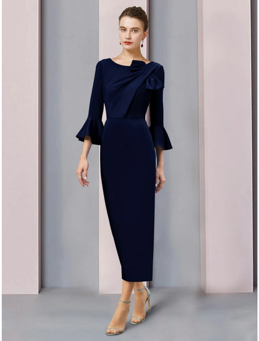 Aimishang A-Line Mother of the Bride Dress Wedding Guest Elegant Scoop Neck Ankle Length Fabric 3/4 Length Sleeve with Bow(s) Ruching Solid Color