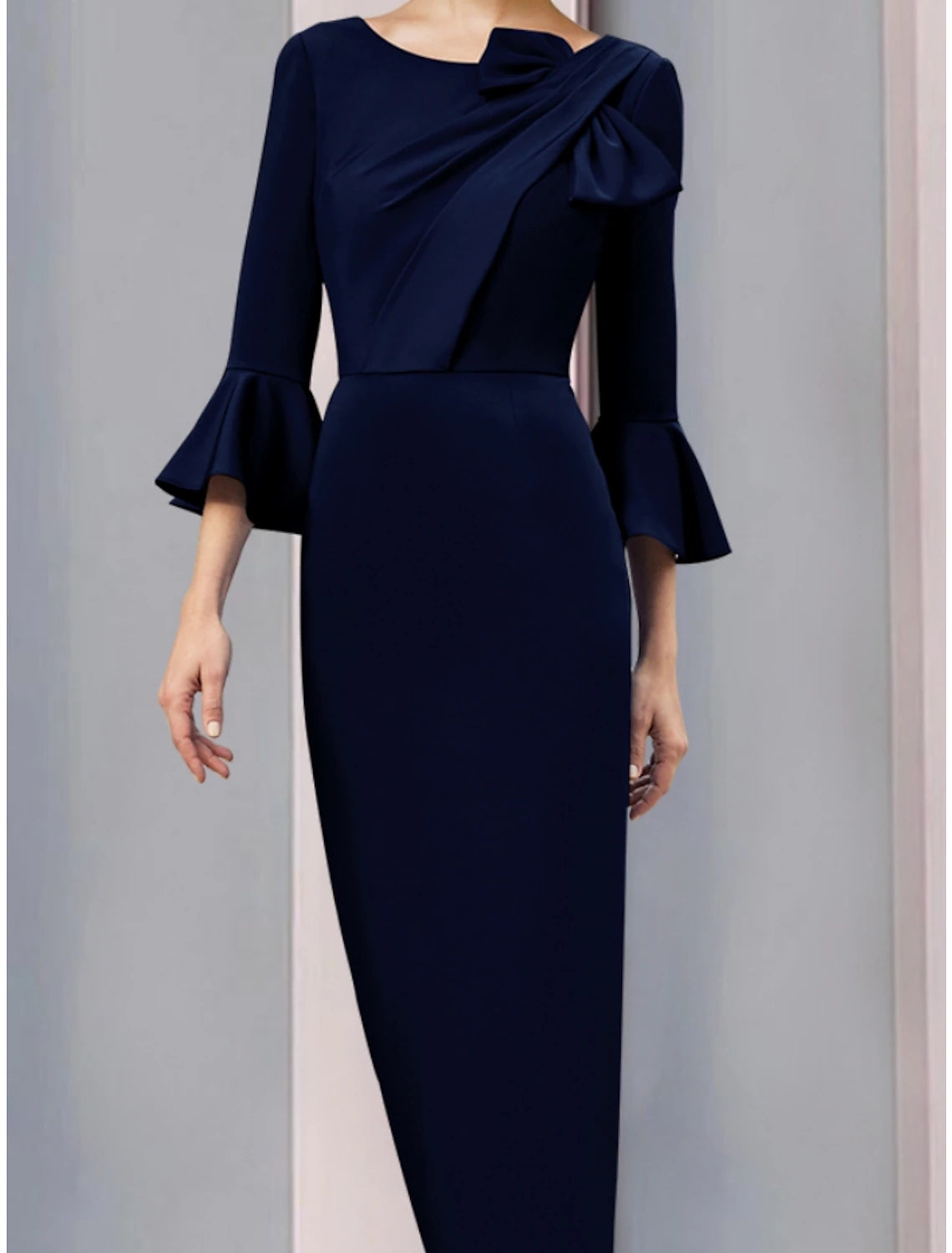 Aimishang A-Line Mother of the Bride Dress Wedding Guest Elegant Scoop Neck Ankle Length Fabric 3/4 Length Sleeve with Bow(s) Ruching Solid Color