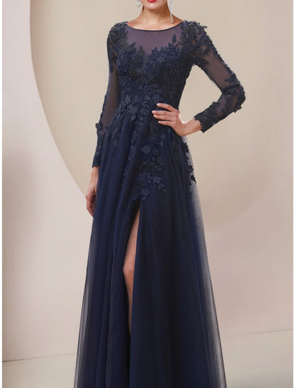 Aimishang A-Line Mother of the Bride Dress Wedding Guest Elegant Scoop Neck Lace Tulle Long Sleeve with Split