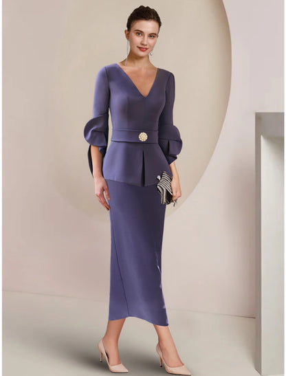 Aimishang A-Line Mother of the Bride Dress Wedding Guest Elegant V Neck Ankle Length Half Sleeve with Crystal Brooch Ruching