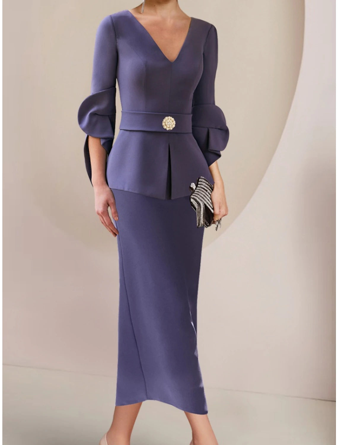 Aimishang A-Line Mother of the Bride Dress Wedding Guest Elegant V Neck Ankle Length Half Sleeve with Crystal Brooch Ruching