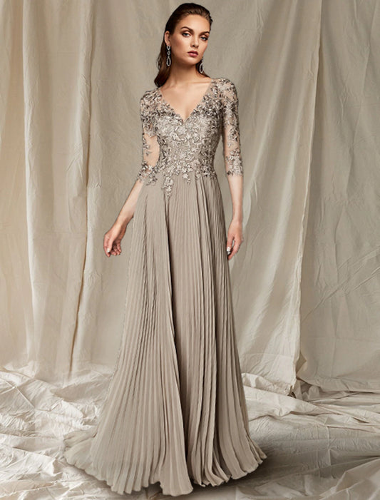 Aimishang A-Line Mother of the Bride Dress Wedding Guest Plus Size Elegant V Neck Floor Length Chiffon Lace Half Sleeve with Pleats Appliques