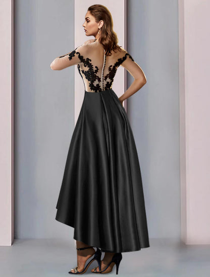 Aimishang A-Line Mother of the Bride Dress Wedding Guest Vintage Elegant Illusion Neck Asymmetrical Satin Lace Half Sleeve with Pleats