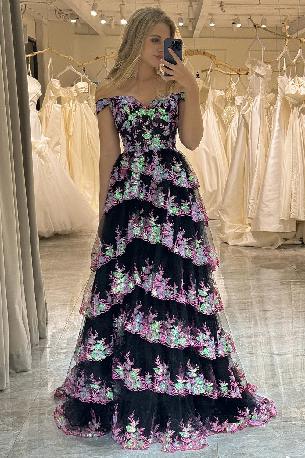 Aimishang A-Line Off The Shoulder Long Prom Dress with Sequin Charming Evening Party Dress