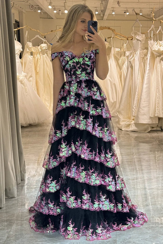 Aimishang A-Line Off The Shoulder Long Prom Dress with Sequin Charming Evening Party Dress