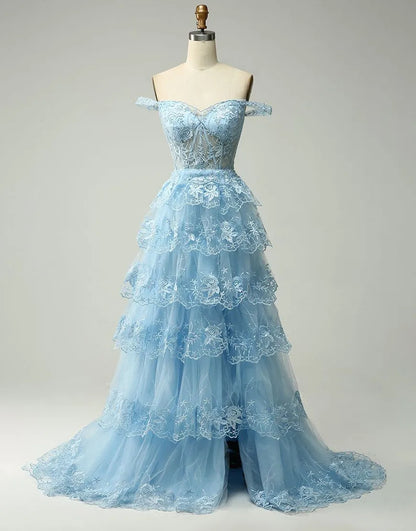 Aimishang A-Line Off The Shoulder Tiered Long Prom Dress Charming Evening Party Dress With Split