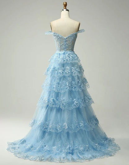 Aimishang A-Line Off The Shoulder Tiered Long Prom Dress Charming Evening Party Dress With Split