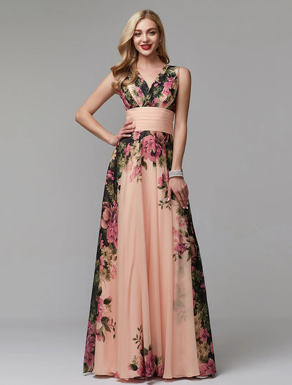 Aimishang A-Line Party Dress Floral Dress Holiday Wedding Guest Floor Length Sleeveless V Neck Bridesmaid Dress Chiffon with Pattern / Print