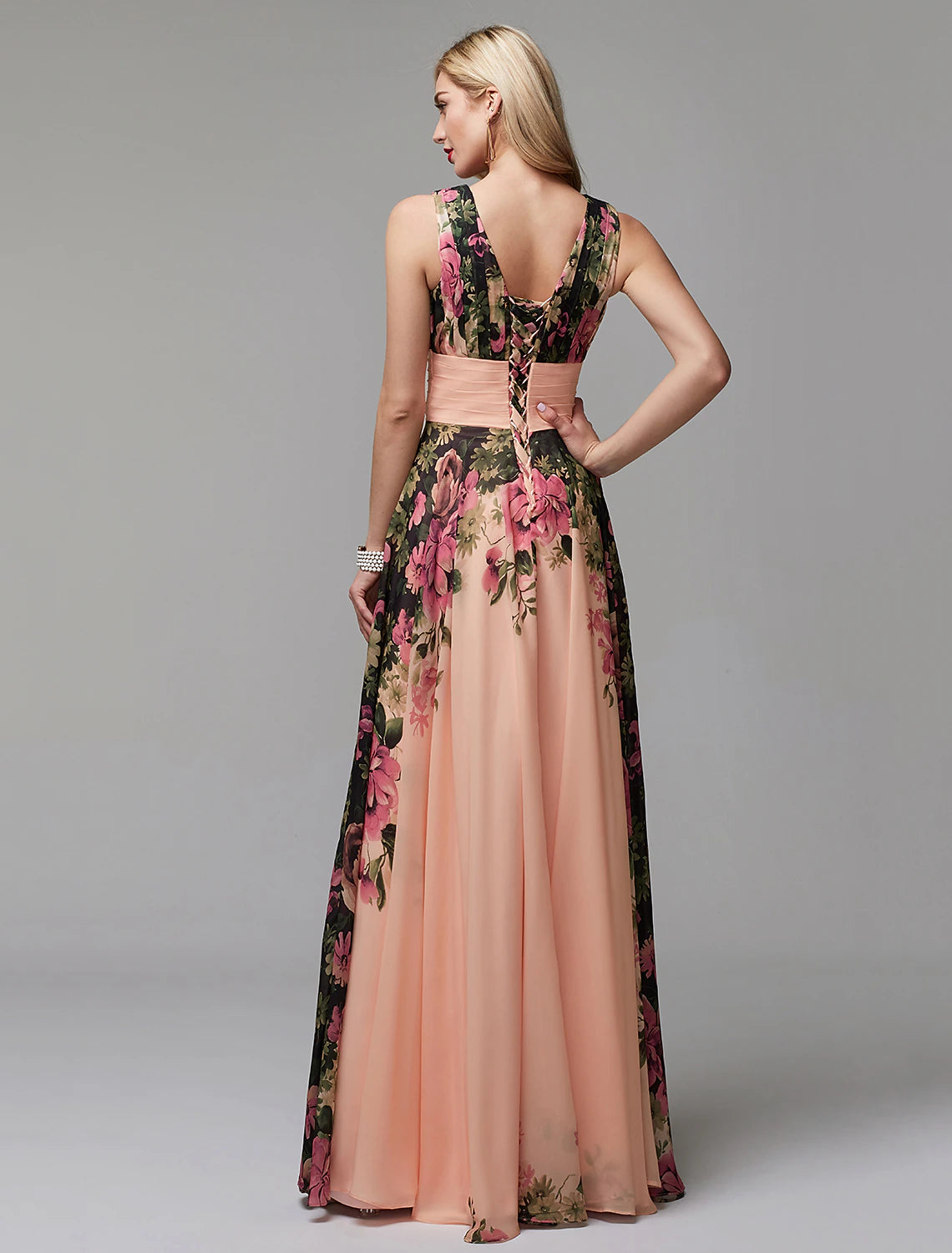 Aimishang A-Line Party Dress Floral Dress Holiday Wedding Guest Floor Length Sleeveless V Neck Bridesmaid Dress Chiffon with Pattern / Print