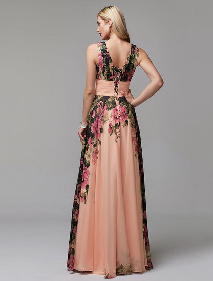 Aimishang A-Line Party Dress Floral Dress Holiday Wedding Guest Floor Length Sleeveless V Neck Bridesmaid Dress Chiffon with Pattern / Print