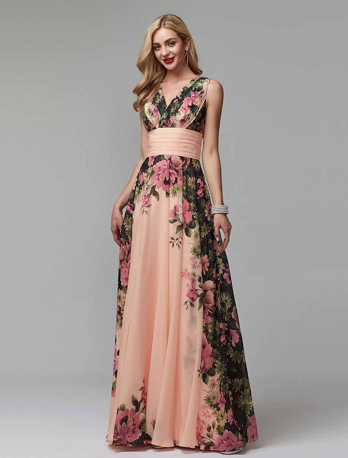 Aimishang A-Line Party Dress Floral Dress Holiday Wedding Guest Floor Length Sleeveless V Neck Bridesmaid Dress Chiffon with Pattern / Print