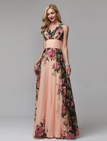 Aimishang A-Line Party Dress Floral Dress Holiday Wedding Guest Floor Length Sleeveless V Neck Bridesmaid Dress Chiffon with Pattern / Print