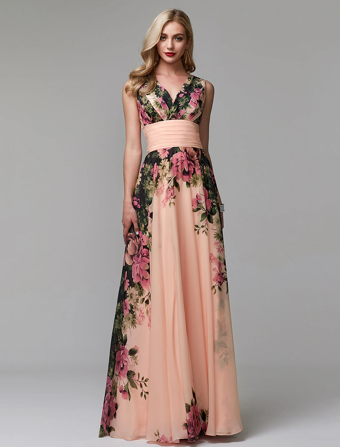 Aimishang A-Line Party Dress Floral Dress Holiday Wedding Guest Floor Length Sleeveless V Neck Bridesmaid Dress Chiffon with Pattern / Print