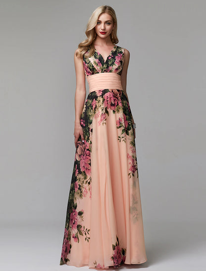 Aimishang A-Line Party Dress Floral Dress Holiday Wedding Guest Floor Length Sleeveless V Neck Bridesmaid Dress Chiffon with Pattern / Print