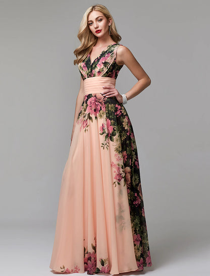 Aimishang A-Line Party Dress Floral Dress Holiday Wedding Guest Floor Length Sleeveless V Neck Bridesmaid Dress Chiffon with Pattern / Print