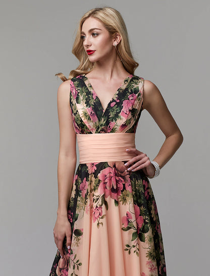 Aimishang A-Line Party Dress Floral Dress Holiday Wedding Guest Floor Length Sleeveless V Neck Bridesmaid Dress Chiffon with Pattern / Print