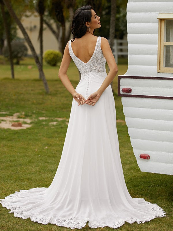Aimishang A-Line/Princess Chiffon Lace V-neck Sleeveless Sweep/Brush Train Wedding Dresses