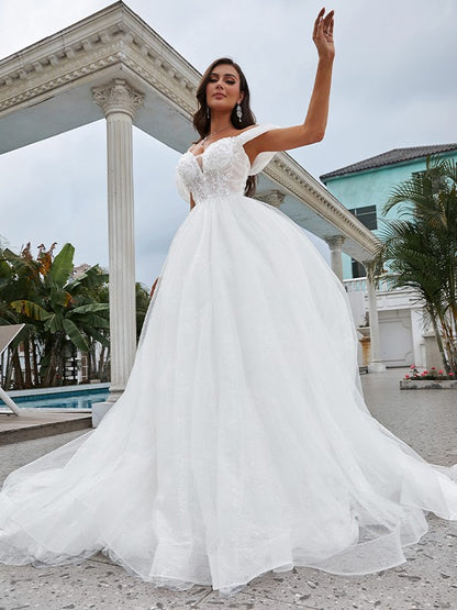 Aimishang A-Line/Princess Lace Applique Off-the-Shoulder Sleeveless Sweep/Brush Train Wedding Dresses