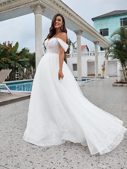 Aimishang A-Line/Princess Lace Applique Off-the-Shoulder Sleeveless Sweep/Brush Train Wedding Dresses
