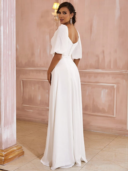 Aimishang A-Line/Princess Ruched Bridal Gown Off-the-Shoulder 1/2 Sleeves Floor-Length Wedding Dresses With Slit