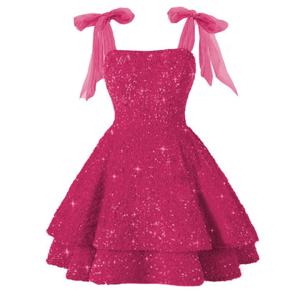Aimishang Sweet A-Line Sequins Homecoming Dresses with Bow Short Sparkly Graduation Dress Lovely Birthday Party Dress