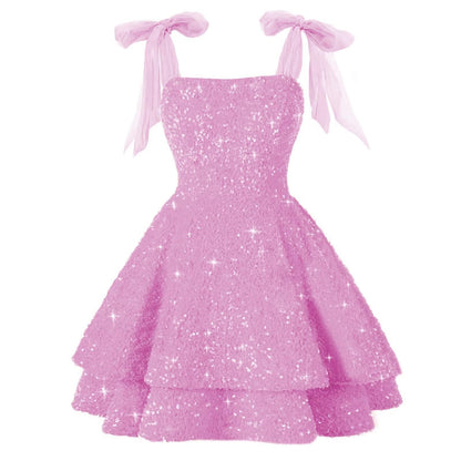 Aimishang Sweet A-Line Sequins Homecoming Dresses with Bow Short Sparkly Graduation Dress Lovely Birthday Party Dress