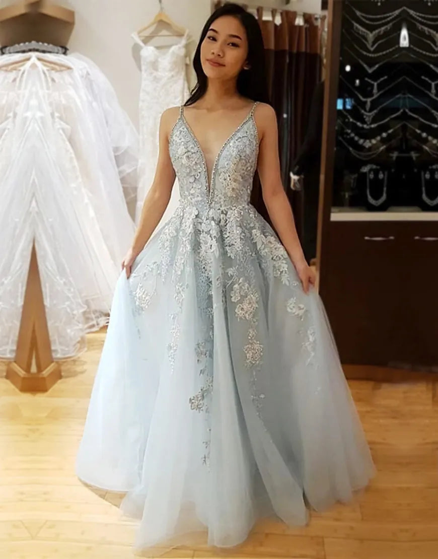 Aimishang A-Line Spaghetti Straps Long Prom Dress with Appliques Charming Evening Party Dress