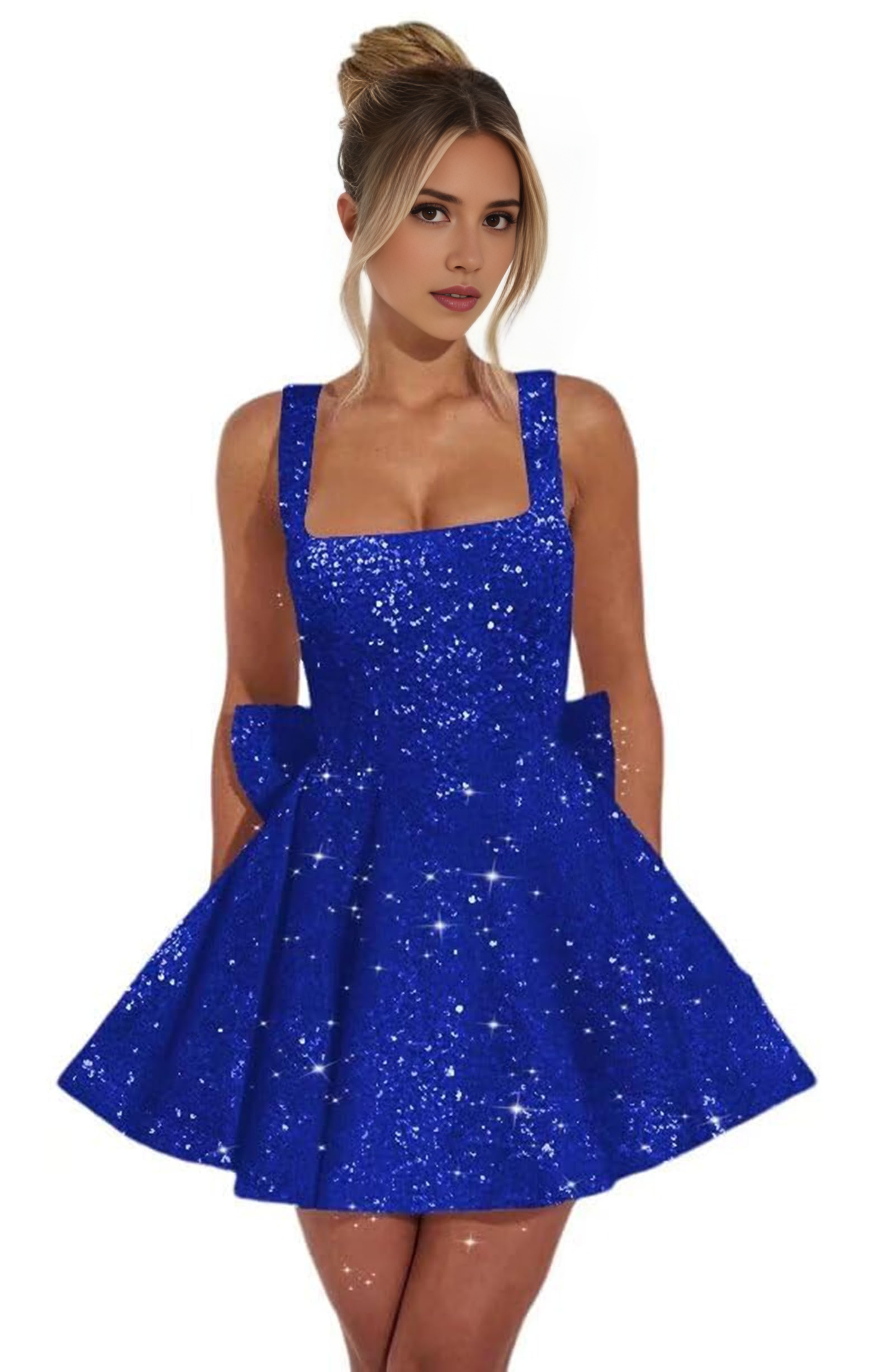 Aimishang Sweetheart A-Line Square Neck Sequins Homecoming Dresses with Bow Short Sparkly Graduation Dress Lovely Birthday Party Dress