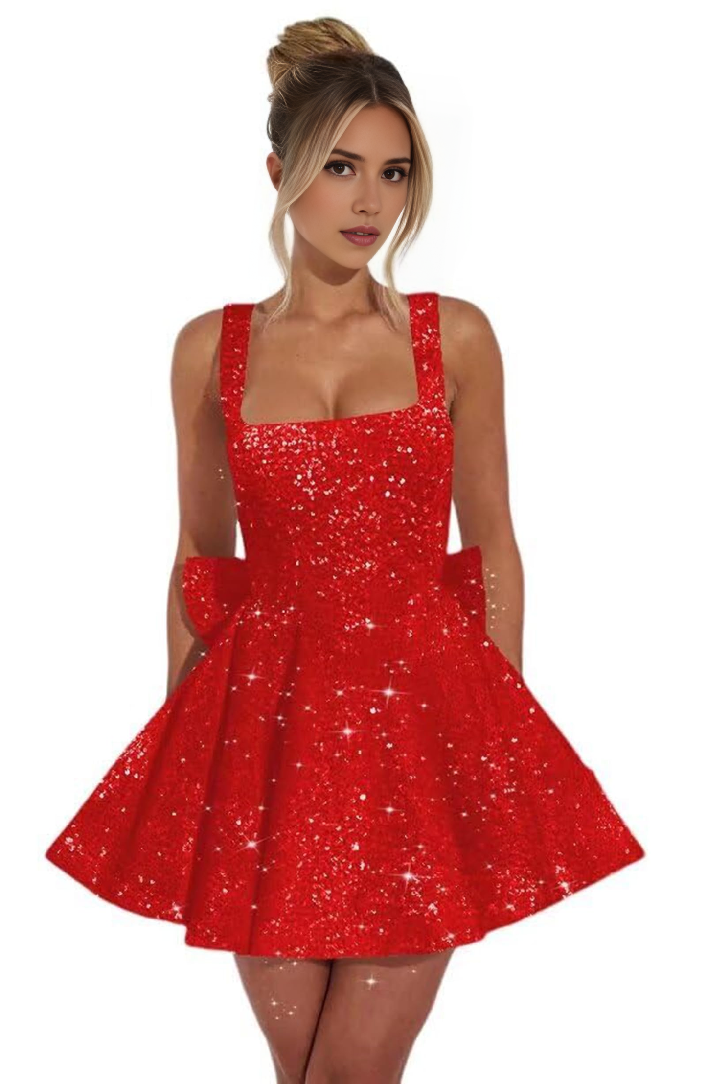 Aimishang Sweetheart A-Line Square Neck Sequins Homecoming Dresses with Bow Short Sparkly Graduation Dress Lovely Birthday Party Dress