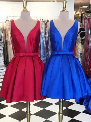 Wholesale A-line Homecoming Dress Knee-Length V-neck Satin Ribbon