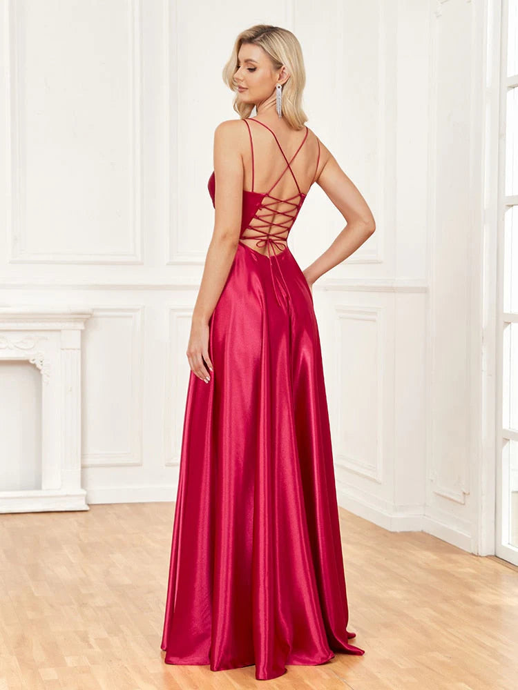 Wholesale A line Prom Dresses Ruffles V Neck Satin with High Slit