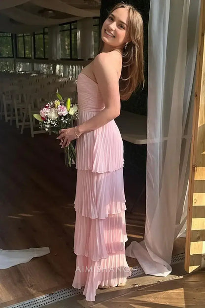 Aimishang Sweetheart Strapless A-Line Tiered Long Prom Dress Charming Party Dress Elegant Wedding Guest Dress
